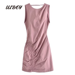 Uibey ขายส่ง ชุดเดรส คอกลม จับจีบ เปิดหลัง สีพื้น 2431