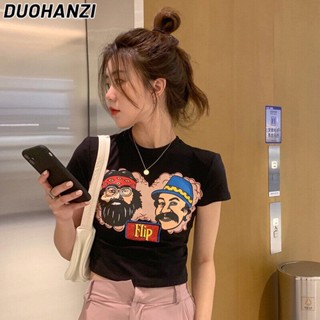 DUOHANZI  เสื้อครอป ลายใหม่ล่าสุด แขนสั้นสั้นเสื้อยืดหญิงเสื้อผ้าหน้าร้อนฉบับภาษาเกาหลีแฟชั่น Slim พิมพ์ Coat