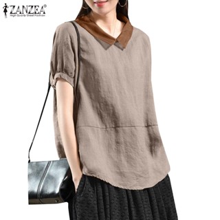 Zanzea เสื้อเชิ้ตแขนสั้นลําลอง ผ้าฝ้าย ทรงหลวม สีพื้น สไตล์เกาหลี สําหรับผู้หญิง