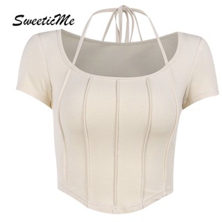 Sweeticme ใหม่ เสื้อยืดแขนสั้นลําลอง เข้ารูป สีพื้น เข้ากับทุกการแต่งกาย แฟชั่นสําหรับสตรี 2023