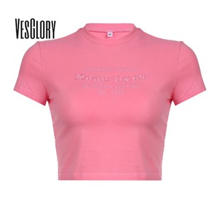 Vesglory เสื้อยืดแขนสั้น ปักลายตัวอักษร สําหรับผู้หญิง 2023