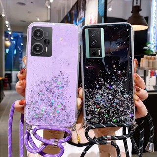 เคสโทรศัพท์มือถือ ซิลิโคนนุ่ม ใส แต่งกลิตเตอร์ฟอยล์สีทอง พร้อมสายคล้องคอ และสายคล้องคอ หรูหรา สําหรับ POCO F5 POCO F5 Pro 5G PocoF5 Pro