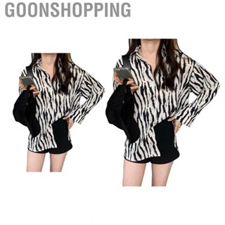 Goonshopping Long Sleeve Button Shirt  Women Button Down Shirt Stylish Breathable Comfortable Zebra Stripe  for Work