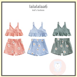 Laa6- เสื้อกั๊ก แต่งระบาย สีพื้น และกางเกงขาสั้น ลายดอกไม้ แฟชั่นฤดูร้อน สําหรับเด็กผู้หญิง