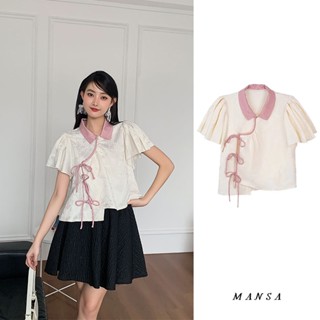 MANSA beige asymmetric shirt เสื้อเชิ้ตน่ารัก เสื้อเชิ้ตแขนสั้น เสือผ้าผู้หญิง