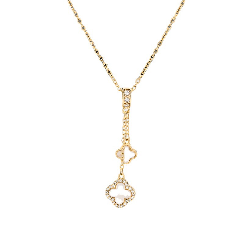 Ht Micro-Inlaid Zircon พู่ Four-Leaf Clover จี้ไทเทเนียมเหล็กสแตนเลส Clavicle Chain เครื่องประดับสาว ราคา ถูกที่สุด ดีลบีเคเค แกลเลอรีภาพที่ 5