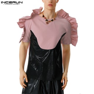 Incerun เสื้อยืด คอกลม แขนสั้น ลาย RUFFLE HEM สีตัดกัน