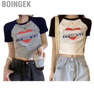 Boingek Casual Women Top  Printing Pattern  Fit  Fiber Fabric Short Sleeve for Daily Leisure Wear