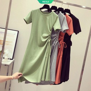 ใหม่ ชุดเดรสเสื้อยืด สีเขียวอะโวคาโด แบบผูกเชือก แฟชั่นฤดูร้อน สไตล์เกาหลี มินิมอล สําหรับผู้หญิง 2023