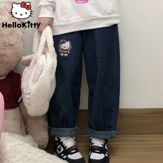 Sanrio กางเกงยีนขากว้าง ทรงตรง พิมพ์ลาย Hello Kitty แฟชั่นสไตล์เกาหลี สําหรับผู้หญิง Y2k