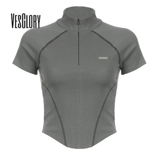 Vesglory เสื้อครอปท็อป แขนสั้น คอสูง มีซิป เข้ารูป สีพื้น แฟชั่นสําหรับผู้หญิง 2023