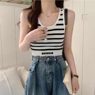 NZN ใหม่ เสื้อแขนกุด คอยู ผ้าถัก ลายขวาง สําหรับเด็กผู้หญิง