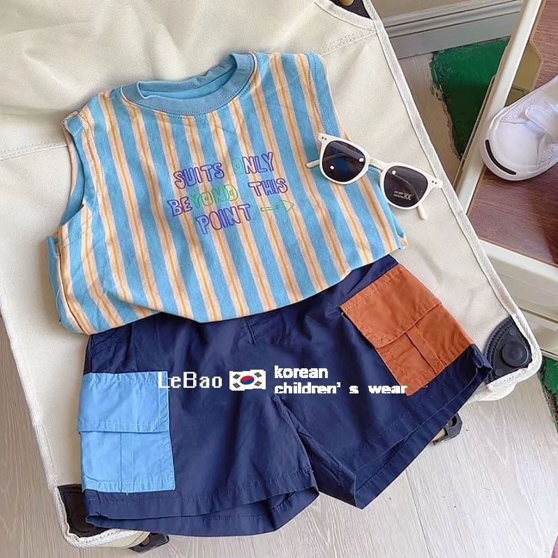 2.3 ชุดเสื้อแขนกุด กางเกงขาสั้น ลายทาง สไตล์เกาหลี ตะวันตก แฟชั่นฤดูร้อน สําหรับเด็กผู้ชาย
