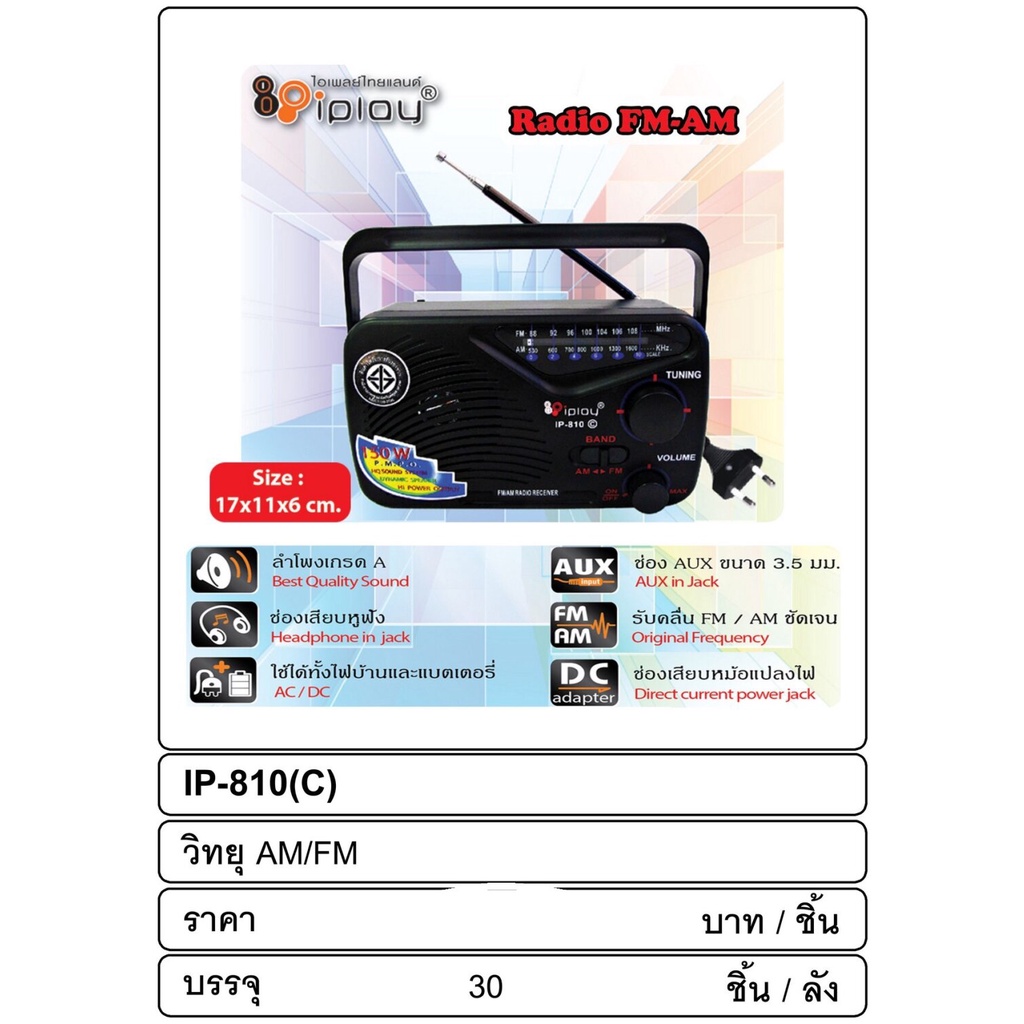 วิทยุAM/FM ใส่ถ่านได้+ชาร์จได้ IPLay IP-810C วิทยุตัวเล็ก เสียงดี พกพาสะดวก คุณภาพคุ้มราคา วิทยุ วิท