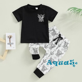 Aqq- ชุดเสื้อคอกลม แขนสั้น พิมพ์ลายหัววัว และกางเกง แบบผูกเชือก แฟชั่นฤดูร้อน สําหรับเด็กผู้ชาย