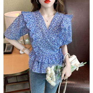 เสื้อเชิ้ต คอวี แขนพอง ลายดอกไม้ ประดับโบว์ สไตล์เกาหลี น่ารัก หรูหรา สําหรับผู้หญิง