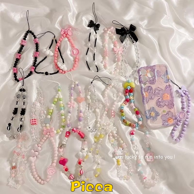 สายโซ่คล้องโทรศัพท์มือถือ ประดับลูกปัด ลายหมากรุก ผีเสื้อ ดาวห้าแฉก หน้ายิ้ม น่ารัก แฟชั่น