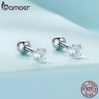Bamoer ต่างหูเพทาย สีขาว 3 ขนาด ดีไซน์เรียบง่าย คลาสสิก สําหรับผู้หญิง เครื่องประดับ ของขวัญ