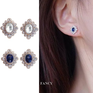 Fancy เครื่องประดับ ต่างหูสตั๊ด ชุบเงิน ประดับเพทาย ทรงวงรี สีขาว สีฟ้า สําหรับผู้หญิง