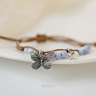 Fancy สร้อยข้อมือถัก จี้รูปผีเสื้อ ดอกไม้ สีม่วง แฮนด์เมด แฟชั่นสําหรับผู้หญิง