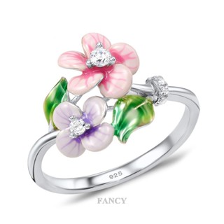 Fancy ใหม่ แหวนเงินแท้ 925 ประดับเพชร ลายดอกไม้ ใบไม้ สีเขียว สีแดง เครื่องประดับแฟชั่น สําหรับผู้หญิง