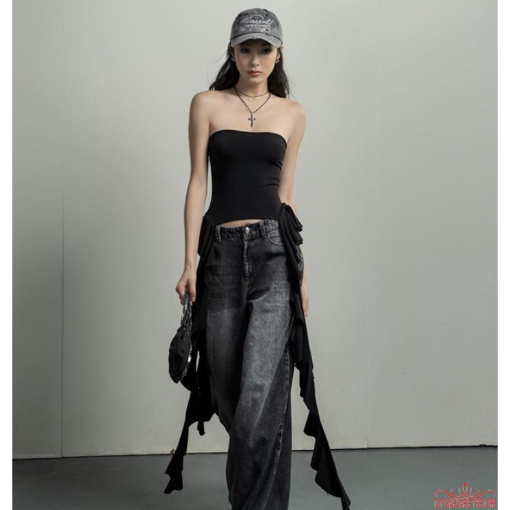 Topone-women Tube Top Strapless Backless Irregular Ruffled Vest เสื้อฤดูร้อนสําหรับ Club Party