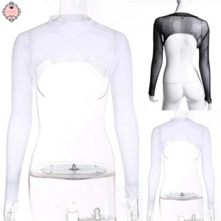 Women See-Through Mesh T shirt Long Sleeve Transparent Open Front Crop Tops