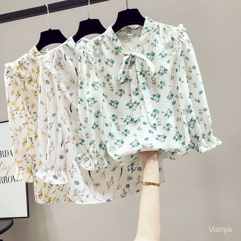 เสื้อชีฟองลายดอก 2023 เสื้อใหม่ผู้หญิงสไตล์เกาหลีแฟชั่นระบายอากาศแขนยาวด้านบน SF4787