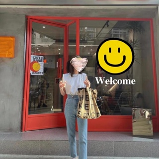 Ins สติกเกอร์ ลายการ์ตูนหน้ายิ้ม เพ้นท์มือ สไตล์เกาหลี ยินดีต้อนรับสู่ร้านค้า ตกแต่งประตูกระจก
