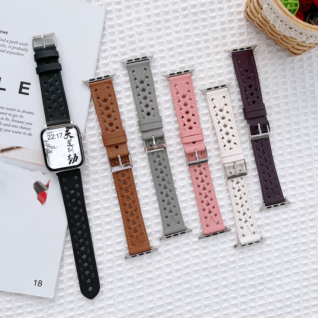 สายนาฬิกาข้อมือ หนังวัวแท้ แบบถัก สําหรับ Apple Watch 8 7 SE 6 5 4 3 SE
