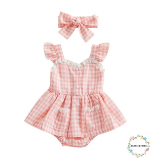 Babyclothes- ชุดรอมเปอร์ แขนพอง ลายสก๊อต แต่งลูกไม้ ทรงเอ พร้อมที่คาดผม ฤดูร้อน สําหรับเด็กผู้หญิง