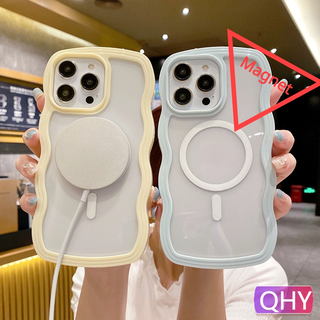 QHY - แม่เหล็กขอบหยักหลายสีโปร่งใสสไตล์เรียบง่ายเข้ากันได้สําหรับเคส iphone 17 16 15 air 11 12 13 14 pro max ซิลิโคนอ่อนนุ่ม สีดําสีฟ้าอ่อนสีขาวสีเหลือง