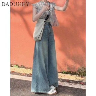 DaDuHey🎈 Korean Style Women New Retro Wash Blue Wide Leg Jeans Design Loose Plus Size Wide Leg Loose Casual Mopping Pants