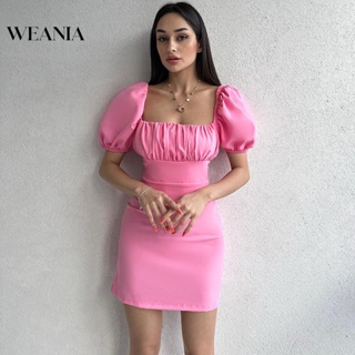 Weania ชุดมินิเดรส แขนสั้น คอสี่เหลี่ยม เปิดหลัง หรูหรา แฟชั่นฤดูร้อน สําหรับผู้หญิง