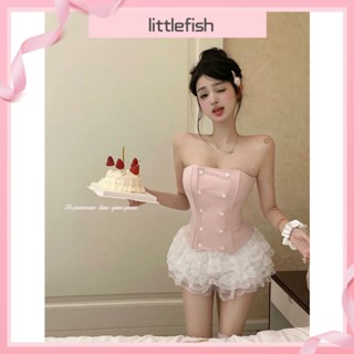 [littlefish] เสื้อกั๊ก ลายก้างปลา สีชมพูหวาน เซ็กซี่ เหมาะกับฤดูร้อน สไตล์ใหม่ หรูหรา ใส่ด้านนอก และกระโปรงเค้ก สําหรับเด็กผู้หญิง สองชิ้น ขนาด