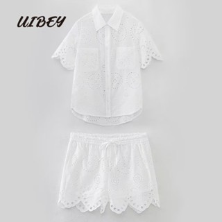 Uibey เสื้อเชิ้ต คอปก ฉลุลาย ปักลาย พร้อมกางเกงขาสั้น ปักลาย 3413