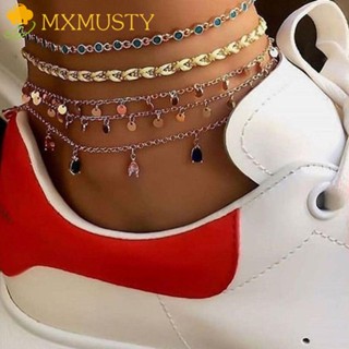 Mxmusty ชุดสร้อยข้อเท้า โลหะผสม ทรงเรขาคณิต สีเขียว สีฟ้า สไตล์โบฮีเมียนวินเทจ สําหรับผู้หญิง 5 ชิ้น ต่อชุด