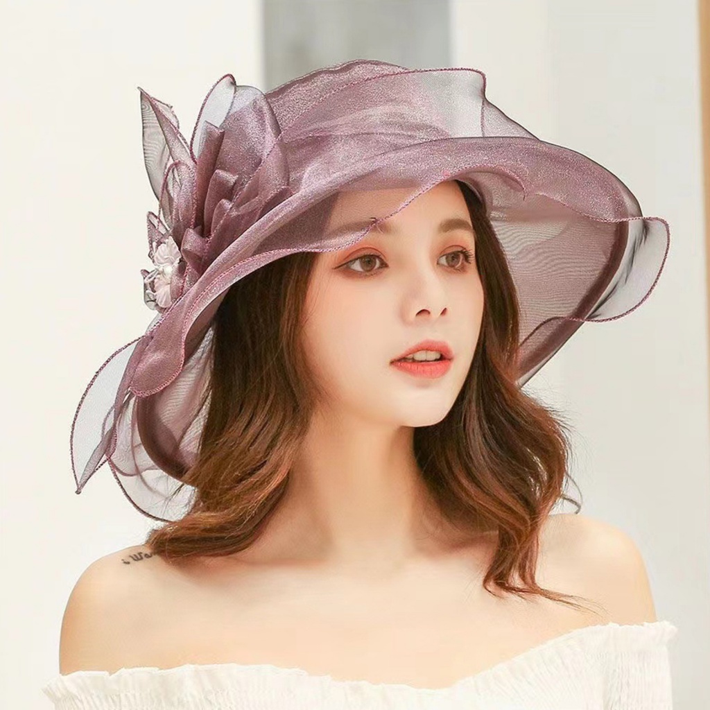 Wishmart.tw หมวกปีกกว้าง ป้องกันแดด ลายดอกไม้ หรูหรา พับได้ เครื่องประดับแฟชั่น สําหรับผู้หญิง