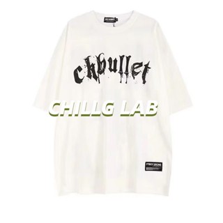 CHILLG LAB เสื้อยืดผู้ชายสไตล์อเมริกันเข้มตัวอักษรพิมพ์แขนสั้นแบรนด์อินเทรนด์หลวมฮิปฮอปครึ่งแขนคู่รุ่น