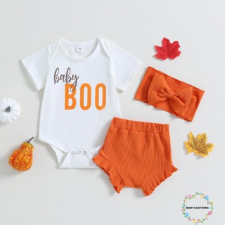 Babyclothes- ชุดรอมเปอร์ แขนสั้น พิมพ์ลายตัวอักษร ฮาโลวีน และกางเกงขาสั้น แบบยืดหยุ่น แต่งระบาย สําหรับเด็กผู้หญิง