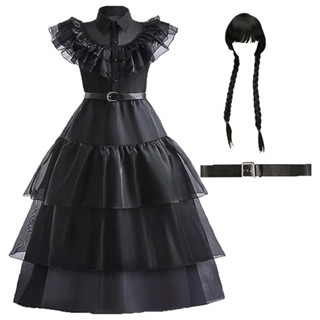 2023 Cosplay Costume Adamss Movie Wednesday Girls Dress Mesh Belt Black Dress Birthday Party Ball Bowns