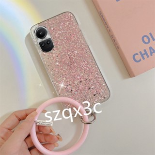 พร้อมส่ง เคสโทรศัพท์มือถือ ซิลิโคนนิ่ม ปิดด้านหลัง ประดับเลื่อม กลิตเตอร์วิบวับ พร้อมสายคล้องมือ ทรงกลม สําหรับ OPPO Reno 10Pro+ Plus 10 8 Pro 5G A58 A78 A98 A17 A17K 4G 2023 A78