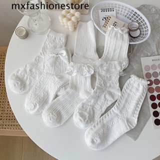 Mxfashione ถุงเท้าผ้าฝ้าย ลายดอกไม้ ประดับโบว์ สไตล์สตรีท สําหรับผู้หญิง