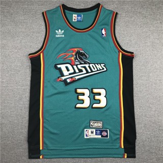 เสื้อกีฬาแขนสั้น ลายทีม NBA Jersey Detroit Pistons No.33 Hill Hill Jerseys สีเขียว สไตล์เรโทร