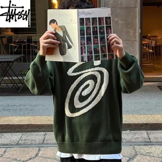 Stussy เสื้อกันหนาวลําลอง คอกลม ผ้าถัก ลายโลโก้ ขนาดใหญ่ 100% แฟชั่นสําหรับผู้หญิง และผู้ชาย