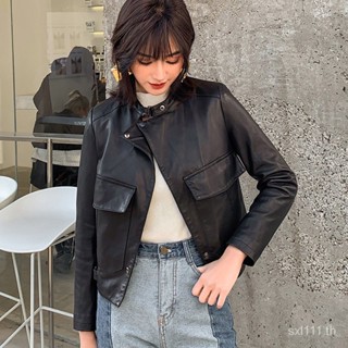 [Autumn New Product] [sell out without compensation] fashion casual sheepskin leather leather coat womens short slim leather jacket big pocket AMXB