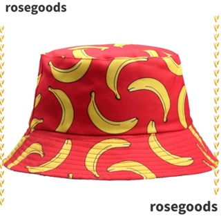 Rosegoods1 หมวกชาวประมง พลัสไซซ์ ป้องกันรังสียูวี สองด้าน หมวกไม้ไผ่ เดินป่า ตั้งแคมป์ ป้องกันแสงแดด พิมพ์ลายผลไม้ หมวกชายหาด กลางแจ้ง