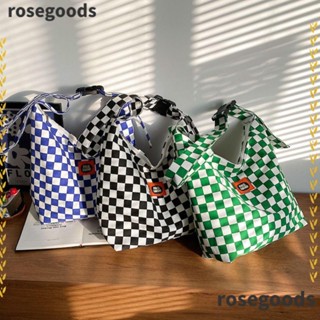 Rosegoods1 กระเป๋าช้อปปิ้ง กระเป๋าสะพายไหล่ ลําลอง ขนาดใหญ่ ลายตารางหมากรุก สําหรับเดินทาง