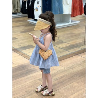 Korean childrens clothing 2023 Summer new baby girls fresh suspender thin girls denim pants two-piece set JT1S