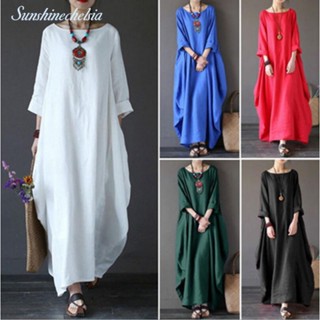 ชุดแม็กซี่เดรสยาวลําลอง ผ้าฝ้าย ผ้าลินิน ทรงหลวม สีเขียว สีฟ้า พลัสไซซ์ L-5XL สําหรับผู้หญิง